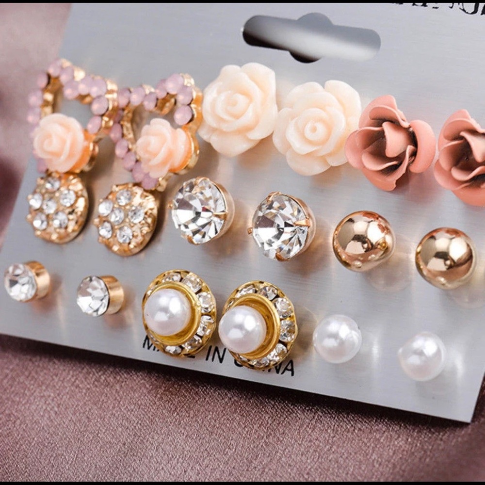Flower Pearl Crystal 9 Piece Stud Earring Set